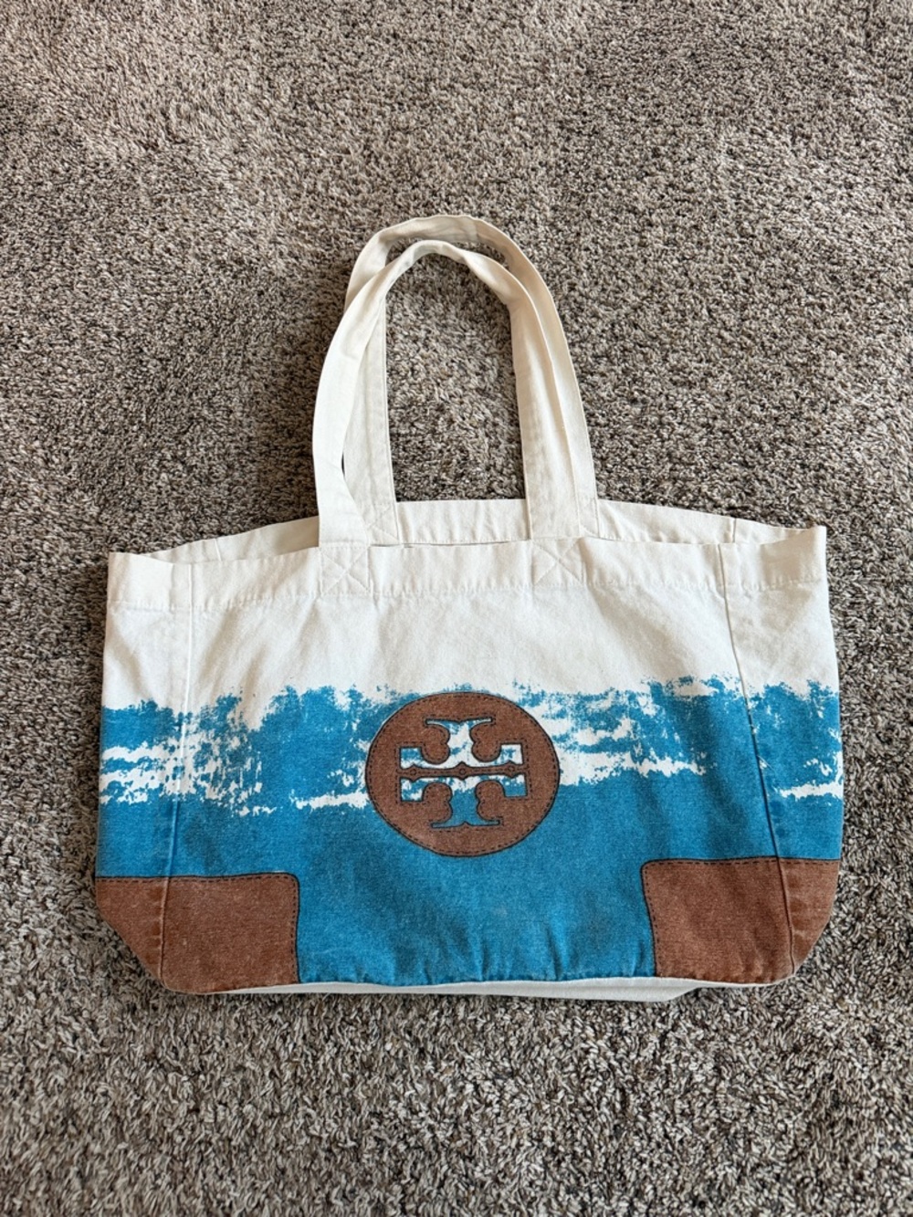 Tory Burch Cream and Blue Canvas Tote with Brown Suede Accents